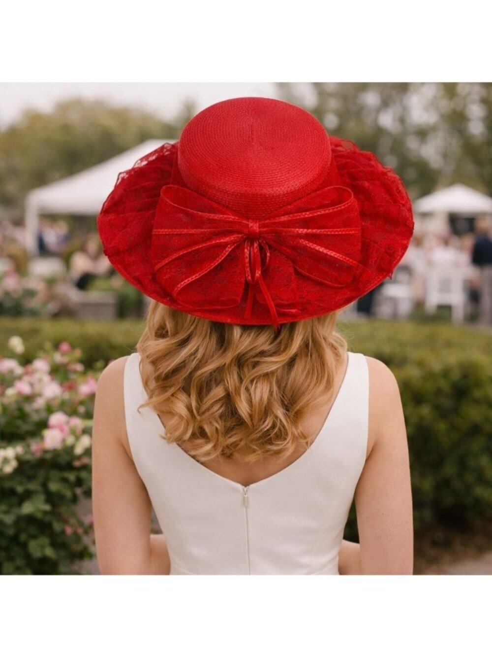 Red Wide Brim Hat Flat Top Church Fashion VTG Layered Lace Bow Derby Fascinator